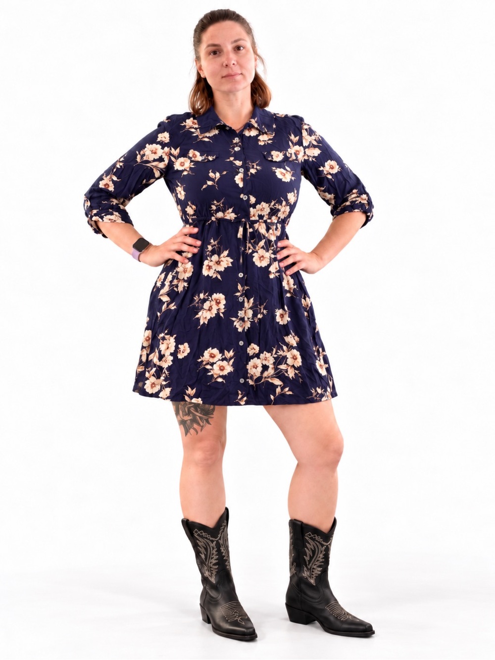 Luxology Navy Floral Shirt Dress Size L Anthropologie Style Boho Mini Dress